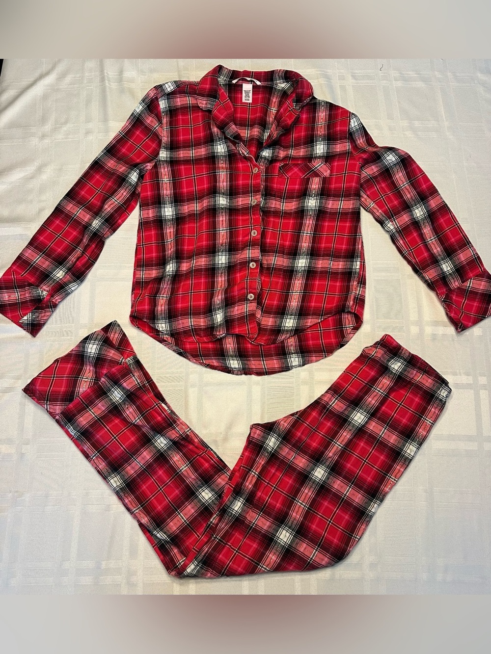 Victoria's Secret Red Black White Silver Plaid Flannel PJ Pajama Set Small S
